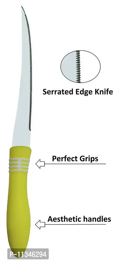 Kitchen Knife, Stainless Steel Multipurpose Table Knife for Dining and Vegetable Chopping, Serrated Edge, 12 cm, Yellow (Pack of 2)-thumb3