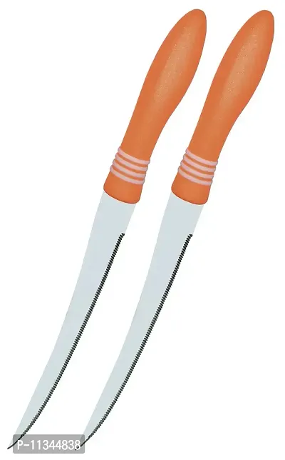 Kitchen Knife, Stainless Steel Multipurpose Table Knife for Dining and Vegetable Chopping, Serrated Edge, 12 cm, Orange (Pack of 2)