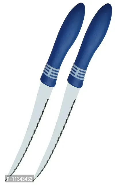 ATARC Stainless Steel Multipurpose Serrated Edge Table Knife for Dining and Vegetable Chopping, Blue, 12 cm (Pack of 2)