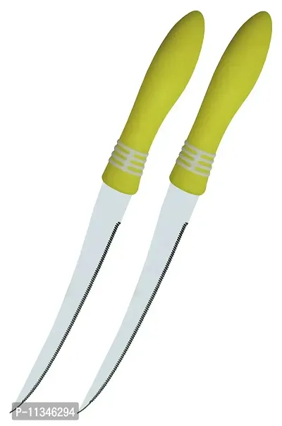 Kitchen Knife, Stainless Steel Multipurpose Table Knife for Dining and Vegetable Chopping, Serrated Edge, 12 cm, Yellow (Pack of 2)