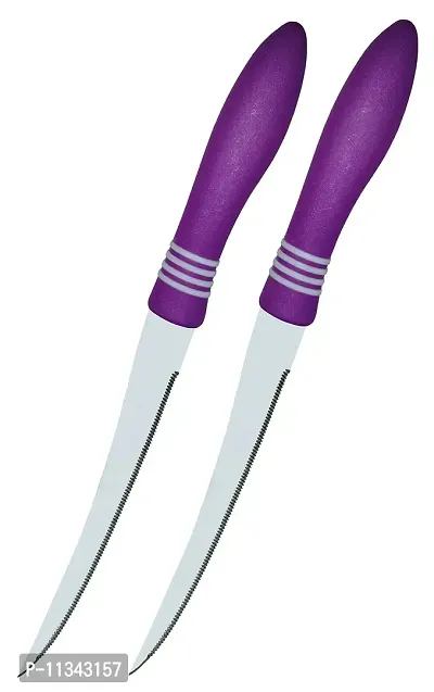 Kitchen Knife, Stainless Steel Multipurpose Table Knife for Dining and Vegetable Chopping, Serrated Edge, 12 cm, Purple (Pack of 2)