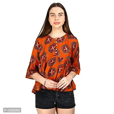 Clothvilla Stylemyth Women 3/4 Sleeves Regular Fit Orange Printed Top-thumb0