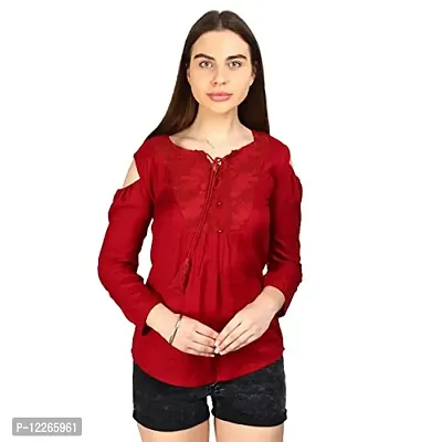 Clothvilla Women's/Ladies/Female/Girl Maroon Cold Shoulder Long Sleeve Solid Top-thumb0