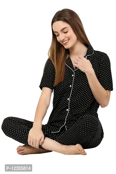 Stylemyth Women Hosiery Polka Print Black Top and Paijama Night Dress