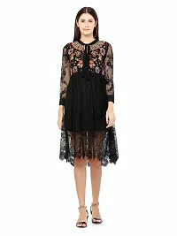 Stylemyth Women Georgette Fit and Flare Embroidered Black Short Western Dress-thumb2