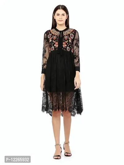 Stylemyth Women Georgette Fit and Flare Embroidered Black Short Western Dress-thumb3