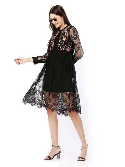 Stylemyth Women Georgette Fit and Flare Embroidered Black Short Western Dress