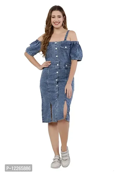 stylemyth - fashion point Women/Girls Denim Light Blue Solid Casual Dress (mye019)-thumb3