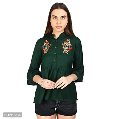 Clothvilla Women's/Ladies/Female/Girl Green 3/4 Sleeve with Floral Design Round Neck Embroidery Top