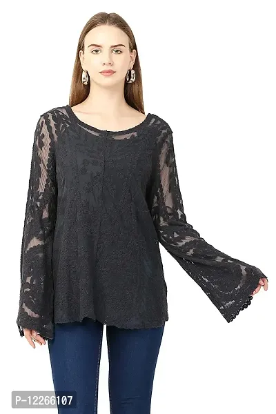 stylemyth - fashion point Women/Girls Net Black Solid Casual Western Top (mye17-L)-thumb2