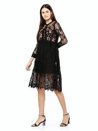 Stylemyth Women Georgette Fit and Flare Embroidered Black Short Western Dress-thumb3
