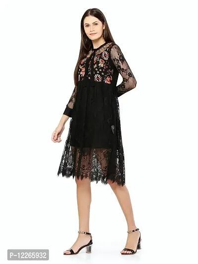 Stylemyth Women Georgette Fit and Flare Embroidered Black Short Western Dress-thumb4