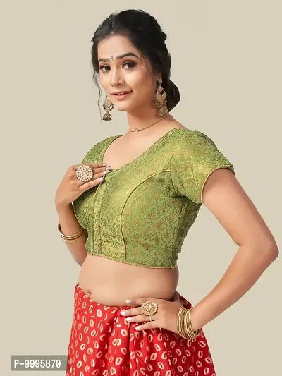 Stylish Fancy Brocade V-Neck Jacquard Mehndi Green Short Sleeve Blouse For Women-thumb0