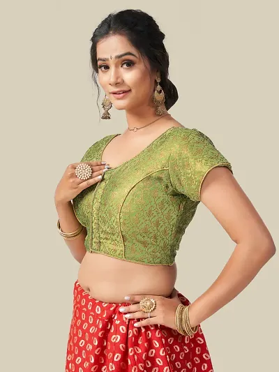 Stylish Fancy Brocade V-Neck Jacquard Mehndi Green Short Sleeve Blouse For Women