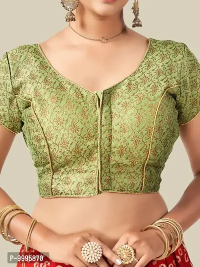 Stylish Fancy Brocade V-Neck Jacquard Mehndi Green Short Sleeve Blouse For Women-thumb5
