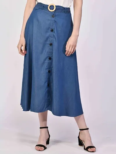 Trendy Blue Solid Denim A-LINE Knee-Length Skirt