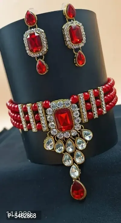 Trendy Alloy Red Stone Choker Set with Earrings