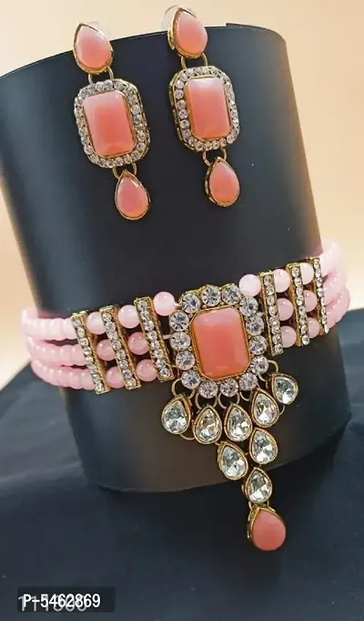 Trendy Alloy Peach Stone Choker Set with Earrings