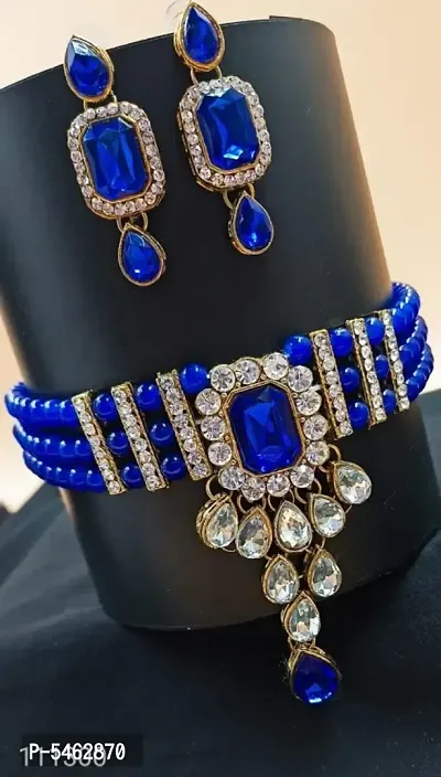 Trendy Alloy Blue Stone Choker Set with Earrings