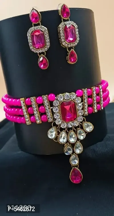 Trendy Alloy Pink Choker Set with Earrings