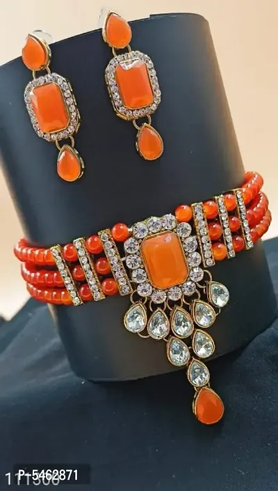 Trendy Alloy Orange Choker Set with Earrings