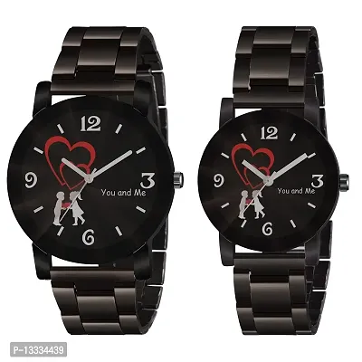 Skylark Black Dial Round Shape Stainless Steel Strap Analog Cute Love Couple Watch for Men and Women - Combo of 2-thumb0