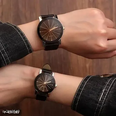 Stylish and Trendy Black Synthetic Leather Strap Analog Watch for Couples