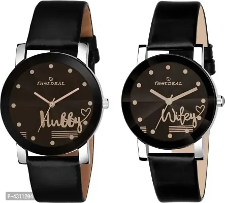 Stylish and Trendy Black Synthetic Leather Strap Analog Watch for Couples-thumb0