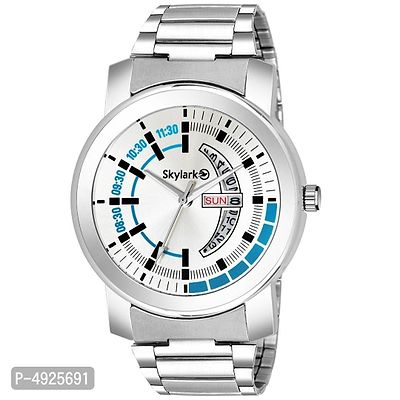 Round Silver Dial Water Resistant Silver Color Stainless Steel Day  Date Function Watch For Men/Boys Analog Watch