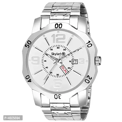 Round Silver Dial Water Resistant Silver Color Stainless Steel Day  Date Function Watch For Men/Boys Analog Watch-thumb0