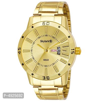 Round Gold Dial Water Resistant Gold Color Stainless Steel Day  Date Function Watch For Men/Boys Analog Watch