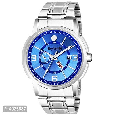 Round Blue Dial Water Resistant Silver Color Stainless Steel Day  Date Function Watch For Men/Boys Analog Watch