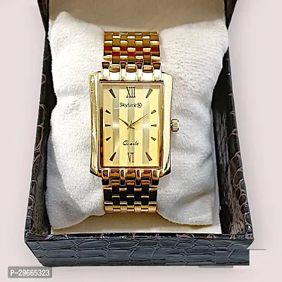 Gold Plated Dial Square Shaped Metal Bracelet Luxury Watch for Men-thumb0