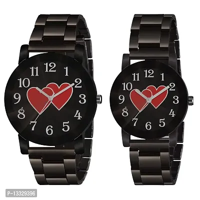 Skylark Black Dial Round Shape Stainless Steel Strap Analog Love Couple Watch for Men and Women - Combo of 2