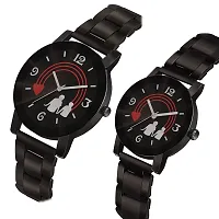 Skylark Black Dial Round Shape Stainless Steel Strap Analog Cute Love Couple Watch for Men and Women - Pack of 2-thumb1