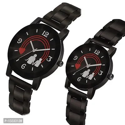 Skylark Black Dial Round Shape Stainless Steel Strap Analog Cute Love Couple Watch for Men and Women - Pack of 2-thumb2