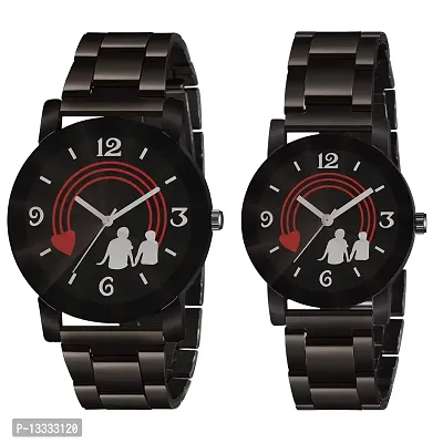 Skylark Black Dial Round Shape Stainless Steel Strap Analog Cute Love Couple Watch for Men and Women - Pack of 2