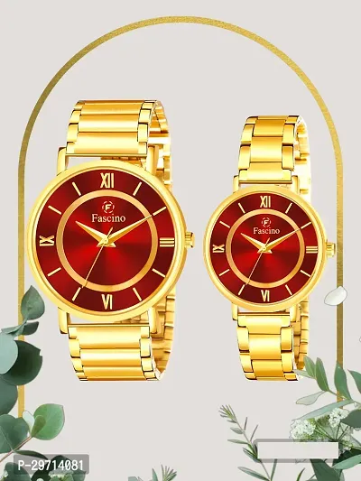 Maroon Dial  Golden Chain Classy Analog Designer Couple Watch-thumb0