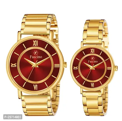 Maroon Dial  Golden Chain Classy Analog Designer Couple Watch-thumb2