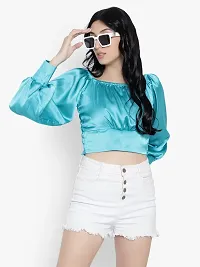 Elegant Blue Satin Solid Crop Length Top For Women-thumb1