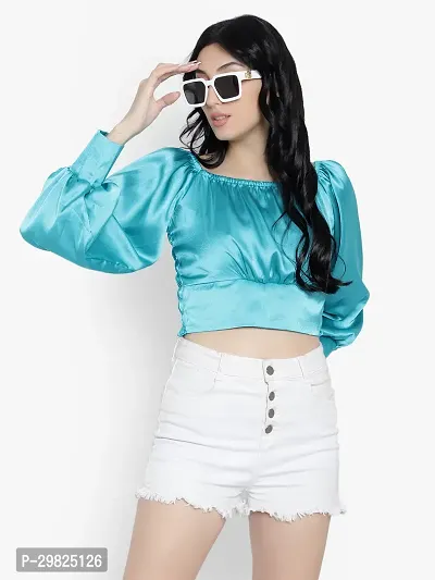 Elegant Blue Satin Solid Crop Length Top For Women-thumb2