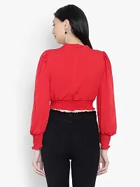 Elegant Red Crepe Solid Crop Length Top For Women-thumb3