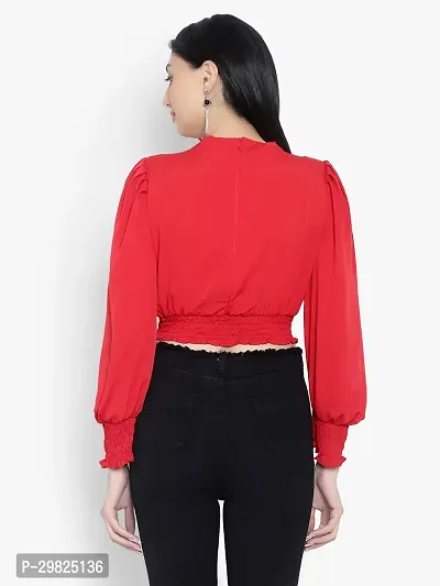 Elegant Red Crepe Solid Crop Length Top For Women-thumb4