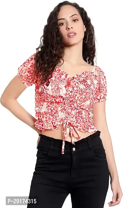 Pyramid Fashions Casual Floral Print Women Red White Top-thumb0