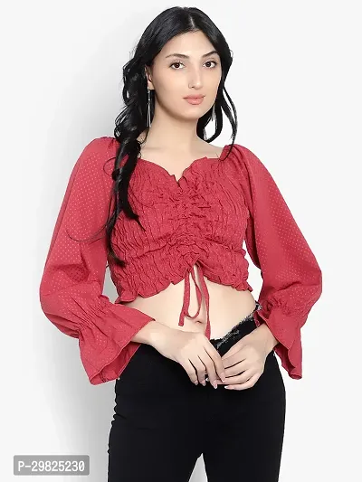 Elegant Red Crepe Self Design Crop Length Top For Women-thumb0