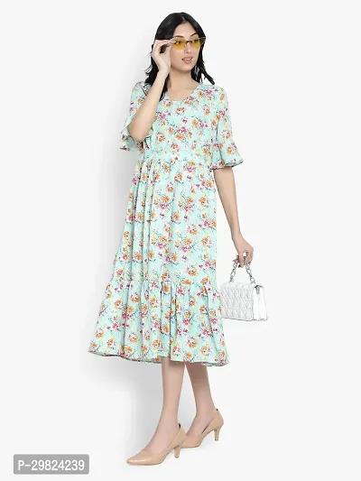 Stylish Green Cotton Blend Printed A-Line Dress For Women