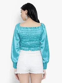 Elegant Blue Satin Solid Crop Length Top For Women-thumb3