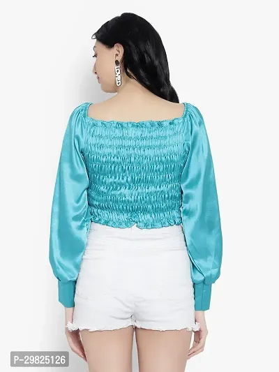 Elegant Blue Satin Solid Crop Length Top For Women-thumb4