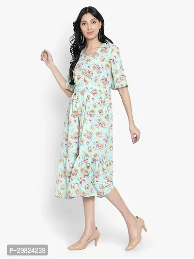 Stylish Green Cotton Blend Printed A-Line Dress For Women-thumb2