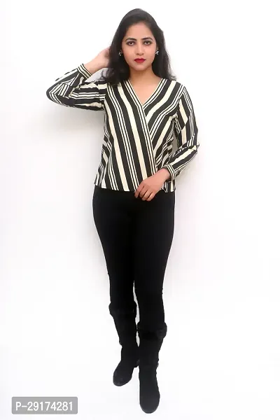 Pyramid Fashions Casual Full Sleeve Striped Women Black Beige Top-thumb0